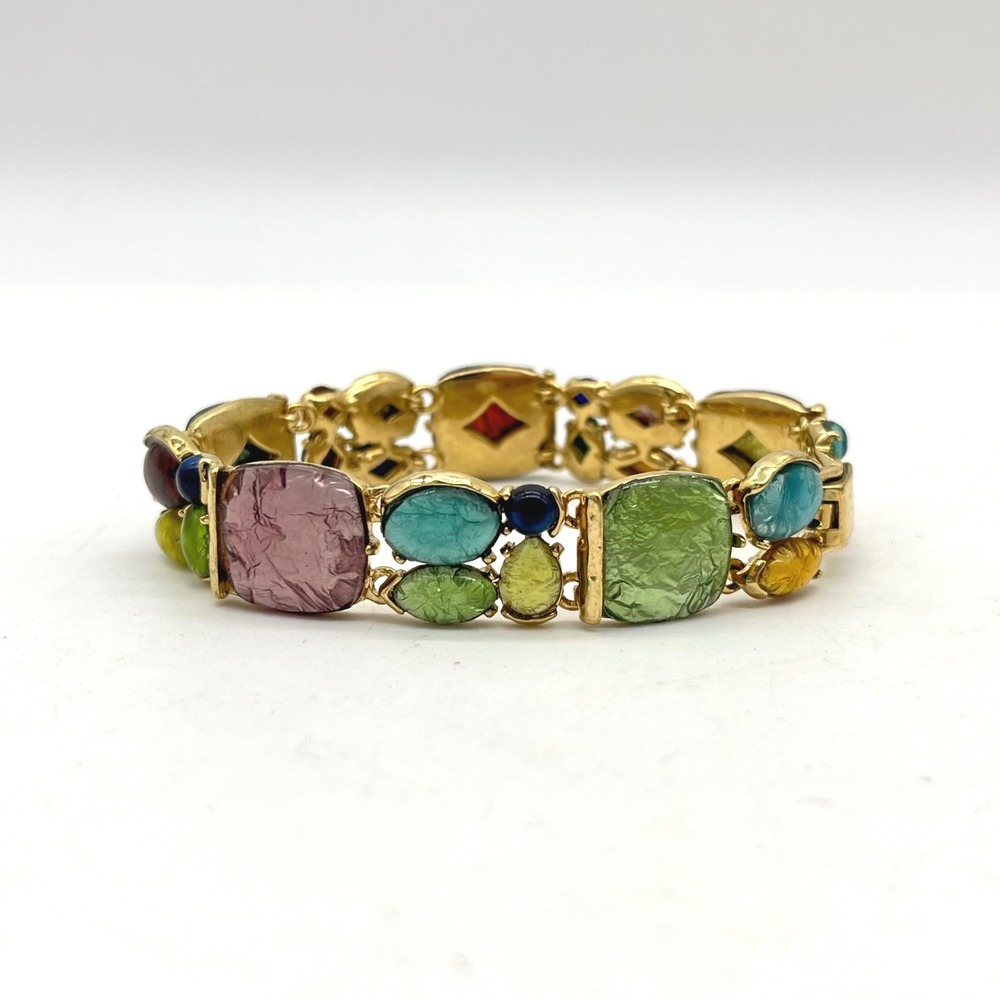 Vintage Liz Claiborne Multi Color Foil Art Resin Panel Bracelet Gold Tone 7in